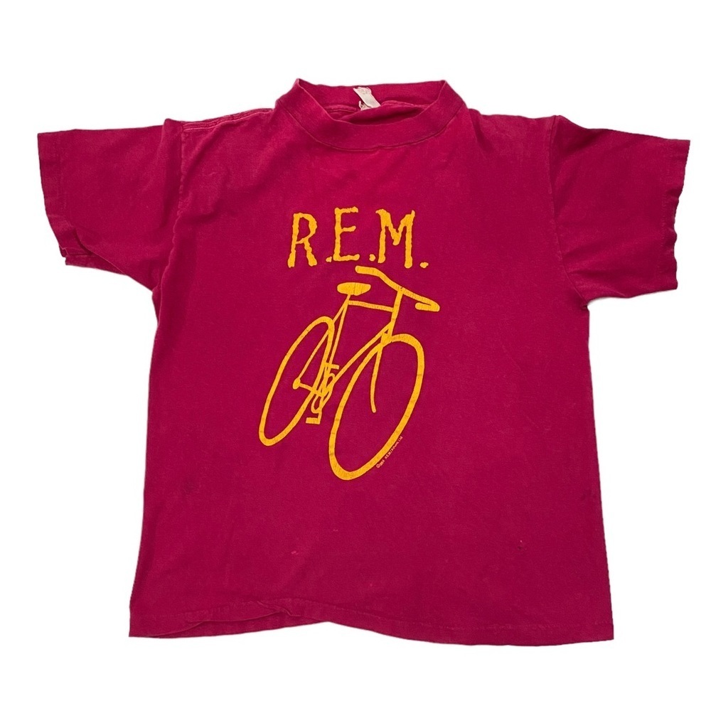 REM Vintage 1984 Little America Part 2 World Tour T Shirt Pink Destroyed bike